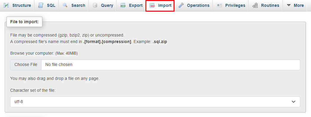 Importing the database from phpMyAdmin.