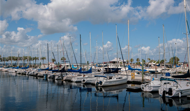 Boats lined up in a marina in Sanford, Florida