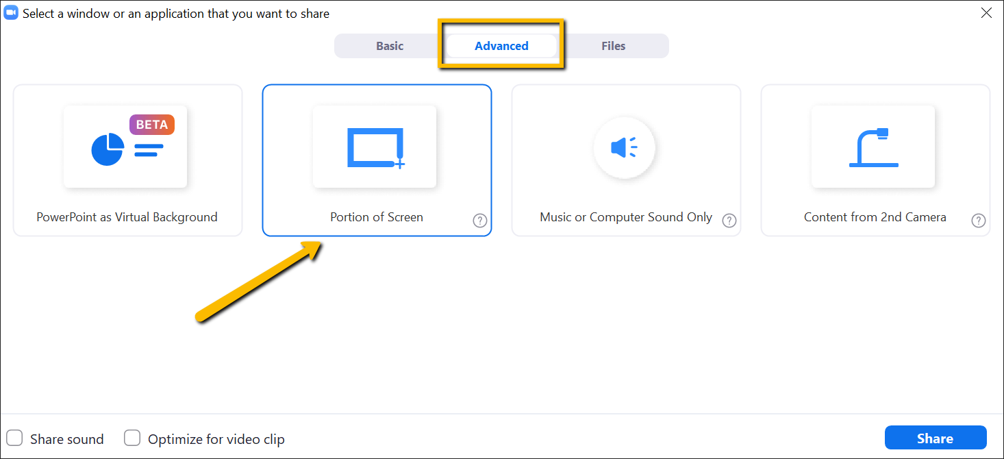 Screenshot of Portion of Screen option in Advanced Tab of Screen Sharing Menu