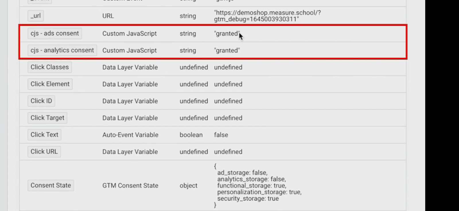 Analyzing the consent state cookie from the GTM preview window 