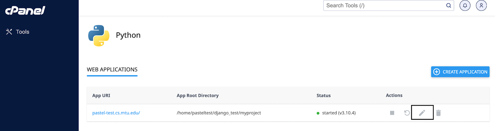 cPanel interface for Python web applications, showing an application with the URI 'pastel-test.cs.mtu.edu/' and the root directory '/home/pasteltest/django_test/myproject'. The application status is indicated as 'started (v3.10.4)'. On the right, action icons for stopping, editing, and deleting the application are displayed.