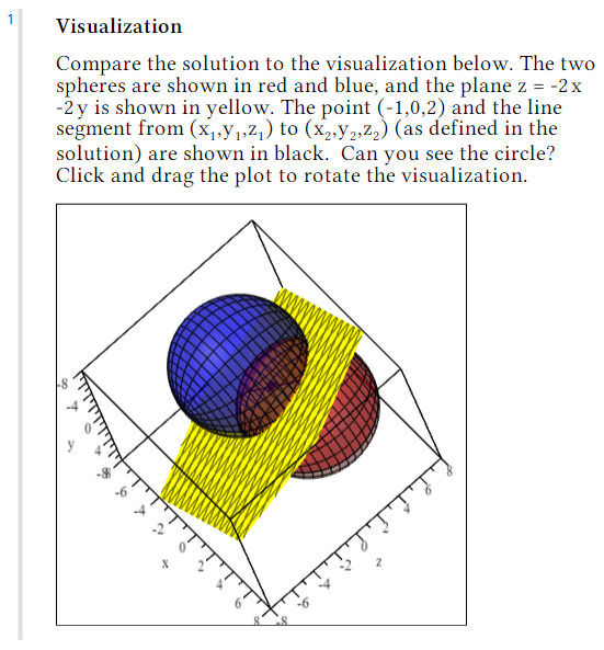 A screenshot of a Maple Learn document, showing a 3D plot depicting the intersection of 2 spheres. A text box describes how the plot relates to the problem.