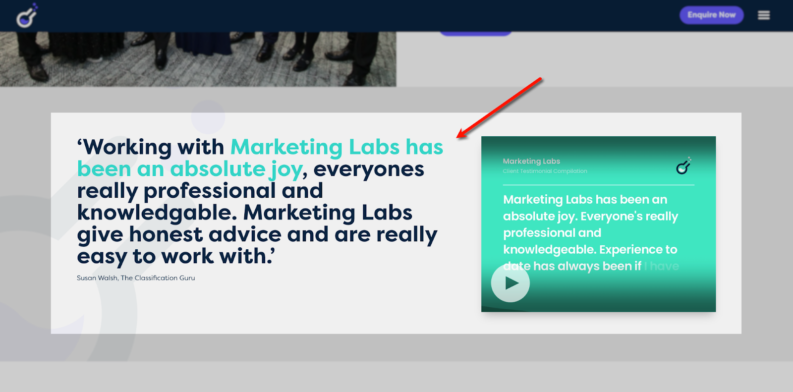 A screenshot of a testimonial given to Marketing Labs