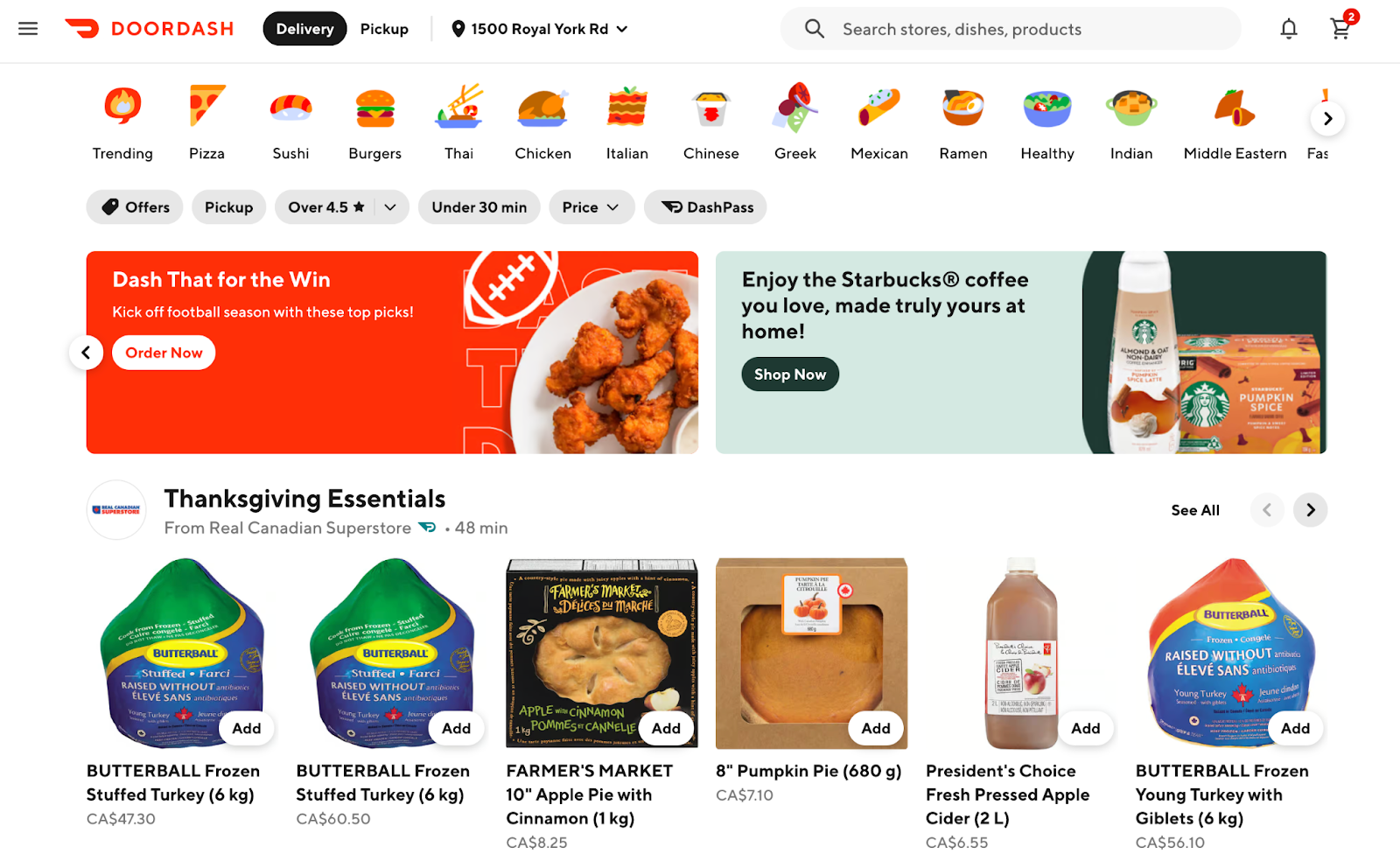 DOORDASH delivery products store and searchbar