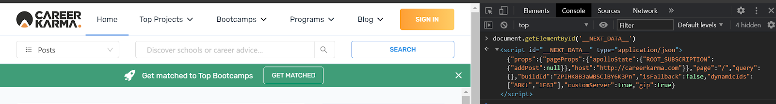  screenshot-of-career-karma-homepage-with-code-in-console 