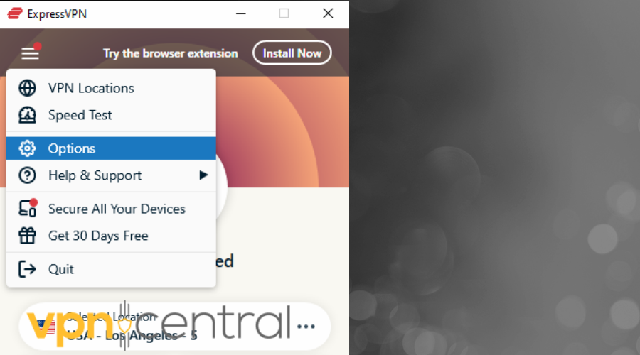 ExpressVPN app options