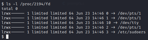 A look at the /proc filesystem of our shell.  We can see file descriptor 3 is open to /etc/sudoers