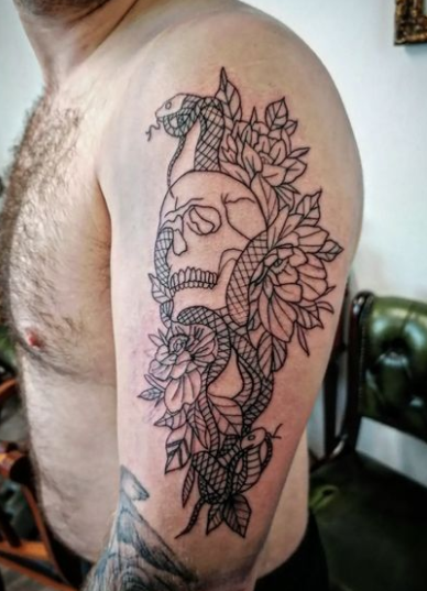Line Art Skull And Snake Tattoo Design On Shoulder