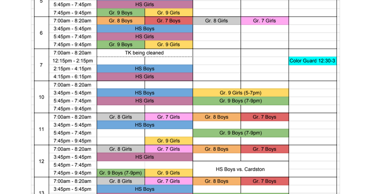 MHS Practice Schedule Google Sheets
