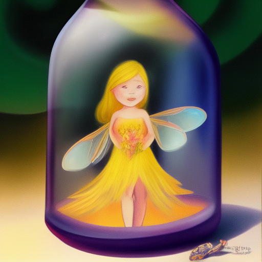 The sad fairy trapped in a bottle, part of a children's story generated by AI.