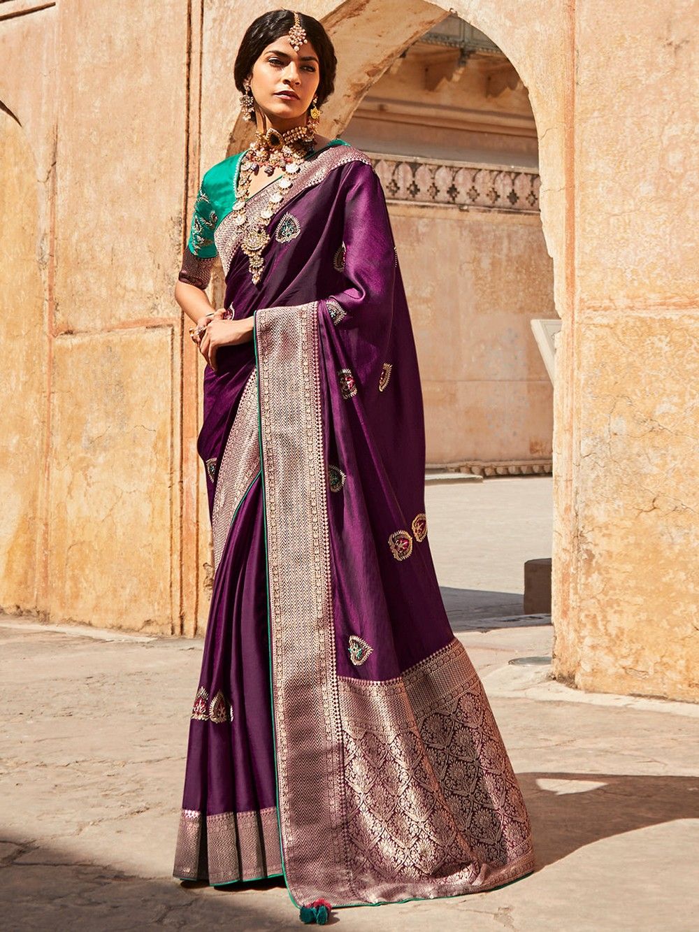 the loom-Purple Green Zari Woven Banarasi Silk Blend Saree