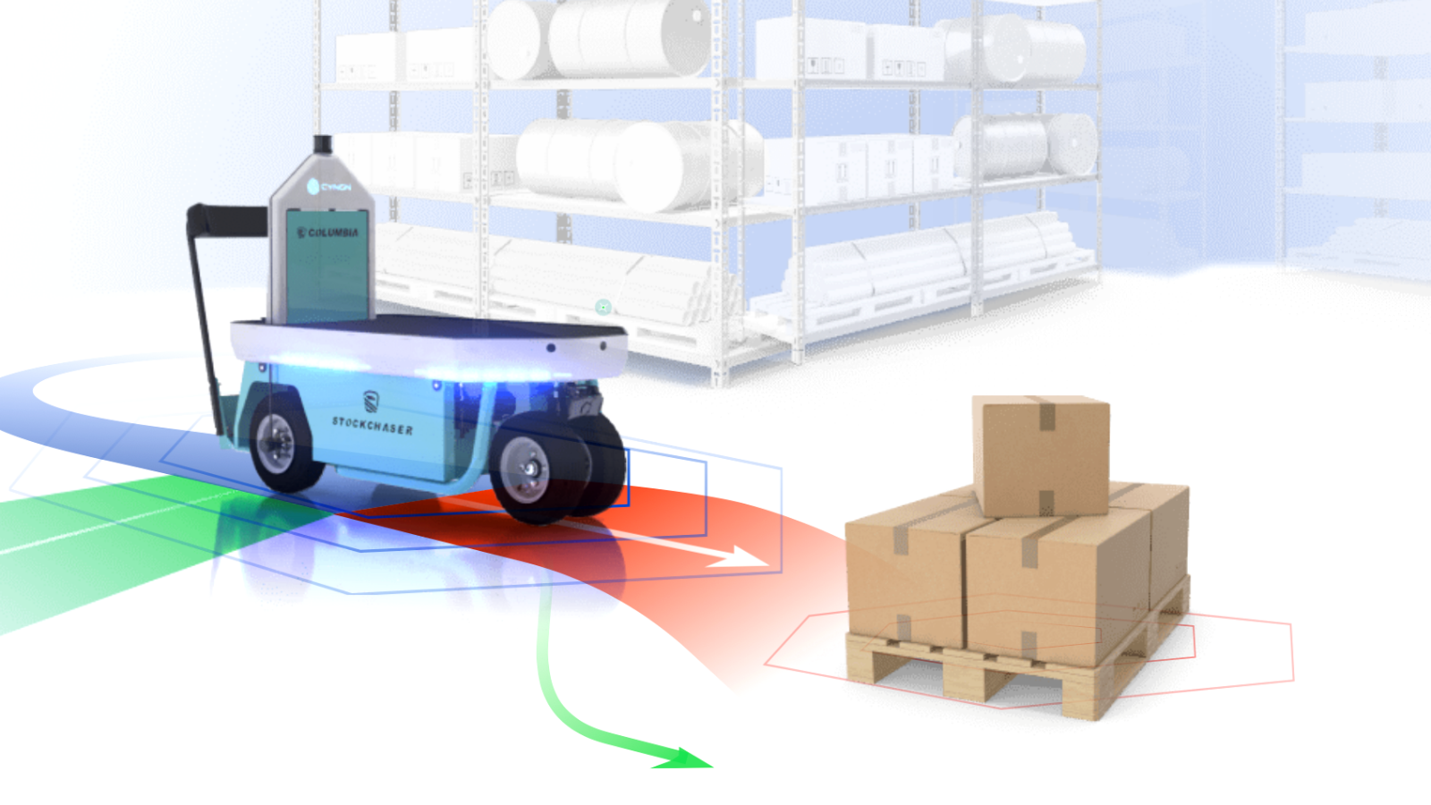 Illustration of an autonomous vehicle operating in the warehouse