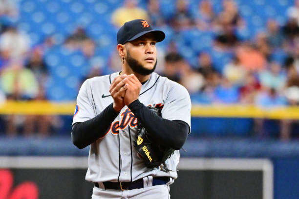 Eduardo Rodriguez of the Detroit Tigers reacts after walking in a run in the first inning against the Tampa Bay Rays at Tropicana Field on May 18,...