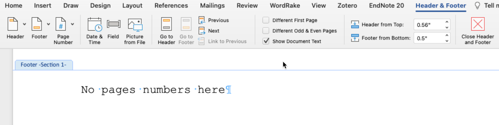 Word for Mac Header & Footer Tab, showing the tab options
