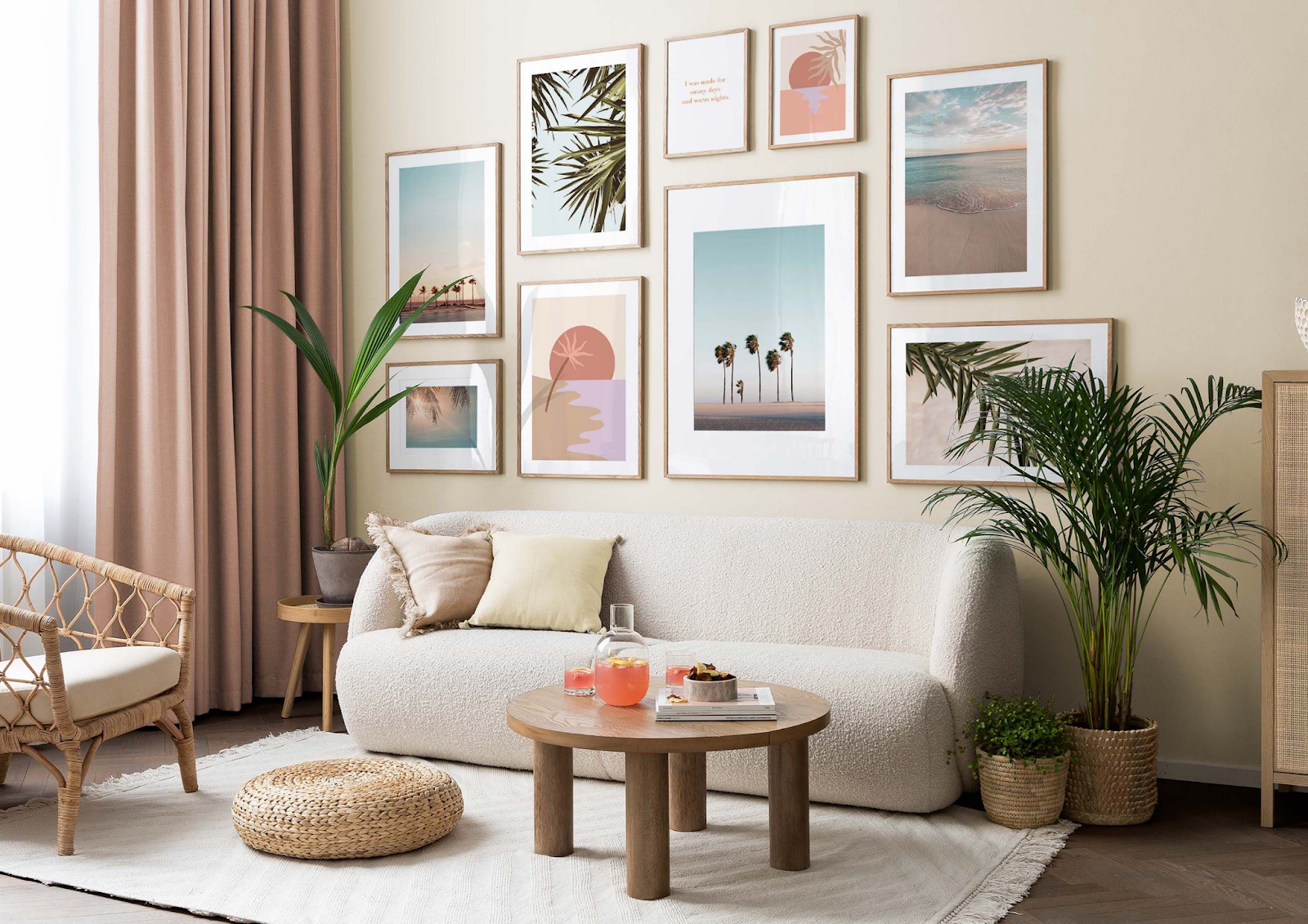 Pastels hues in a living room with a gallery wall of complementing shades