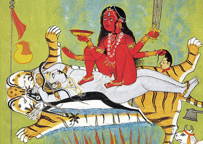 Kali appears in this illustration as a red figure with multiple arms, one of which holds a severed head. Kali is squatting over a man lying on a tiger. 