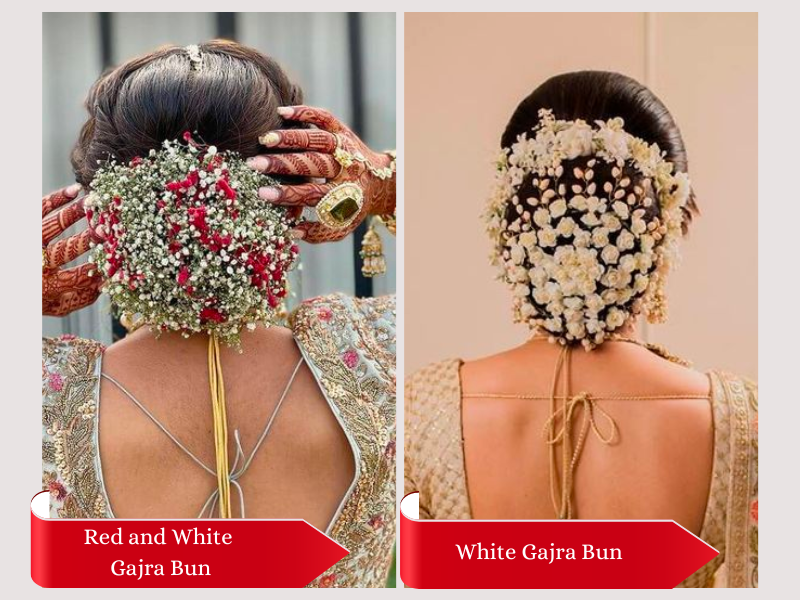 Red and White Gajra Bun and White Gajra Bun hairstyle