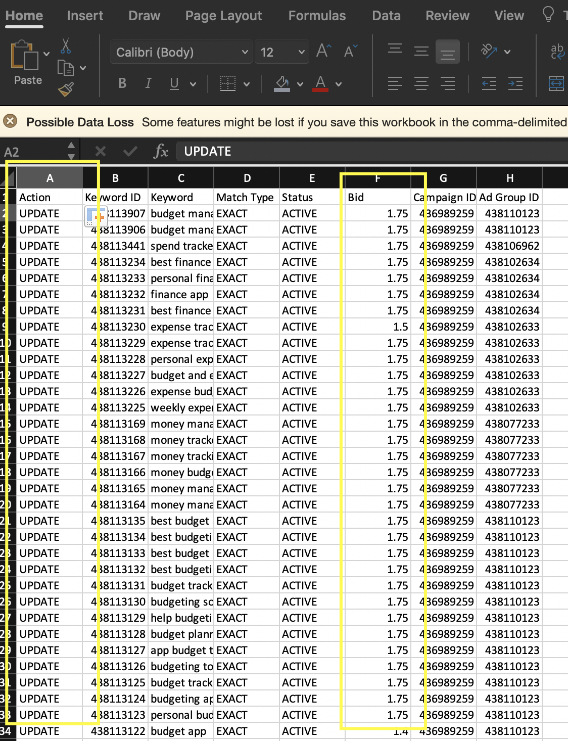 'Action' and 'Bid' columns in the CSV