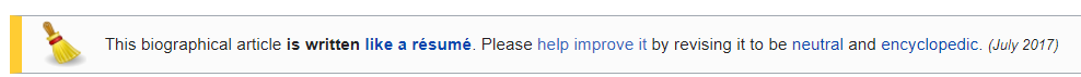 Wikipedia template message - written like a resume