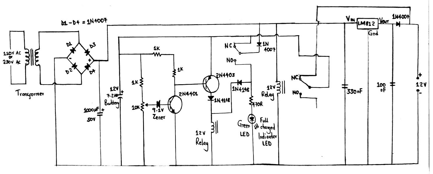 Circuit diagram of a 12V power supply with battery backup