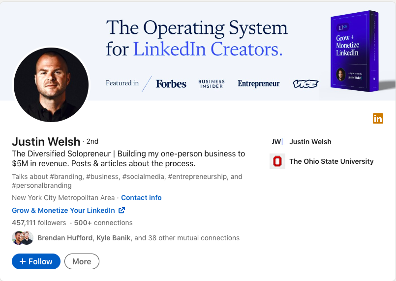 Justin Welsh LinkedIn profile