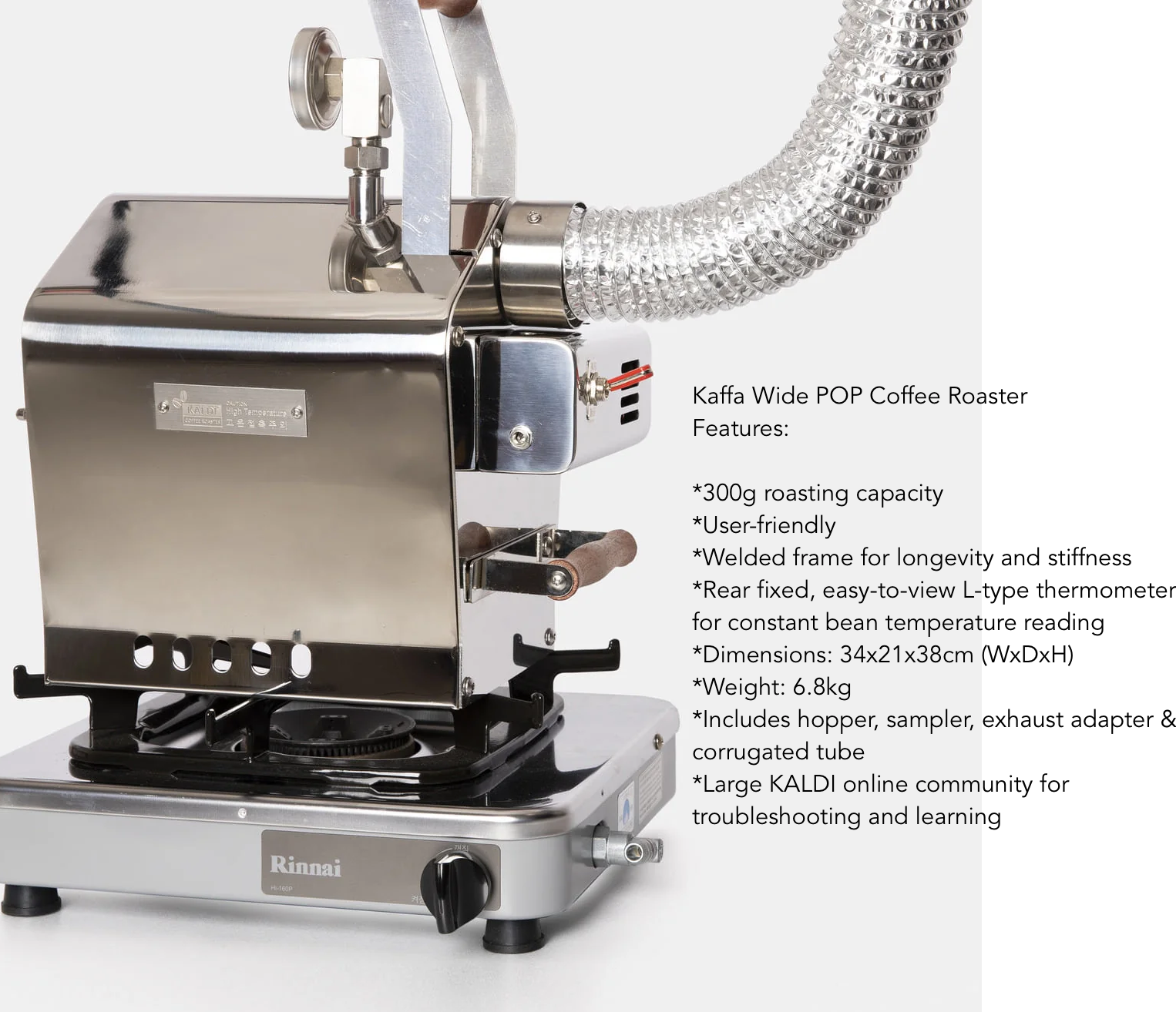 Features and specs of the Kaffa Wide POP Coffee Roaster