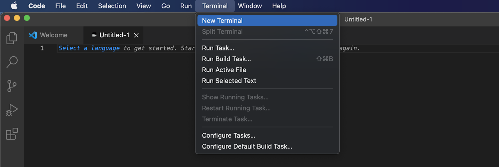 The terminal showing the "New terminal" button to start exploring Solana smart contract building.
