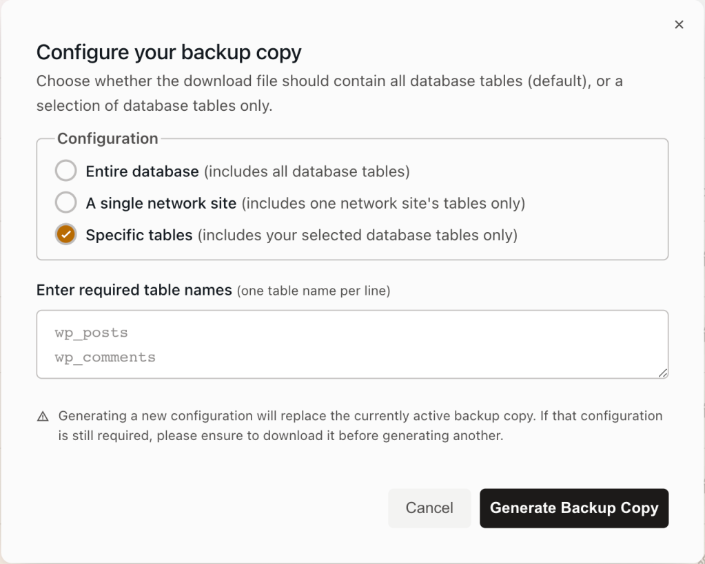 Configure your backup copy with specific tables