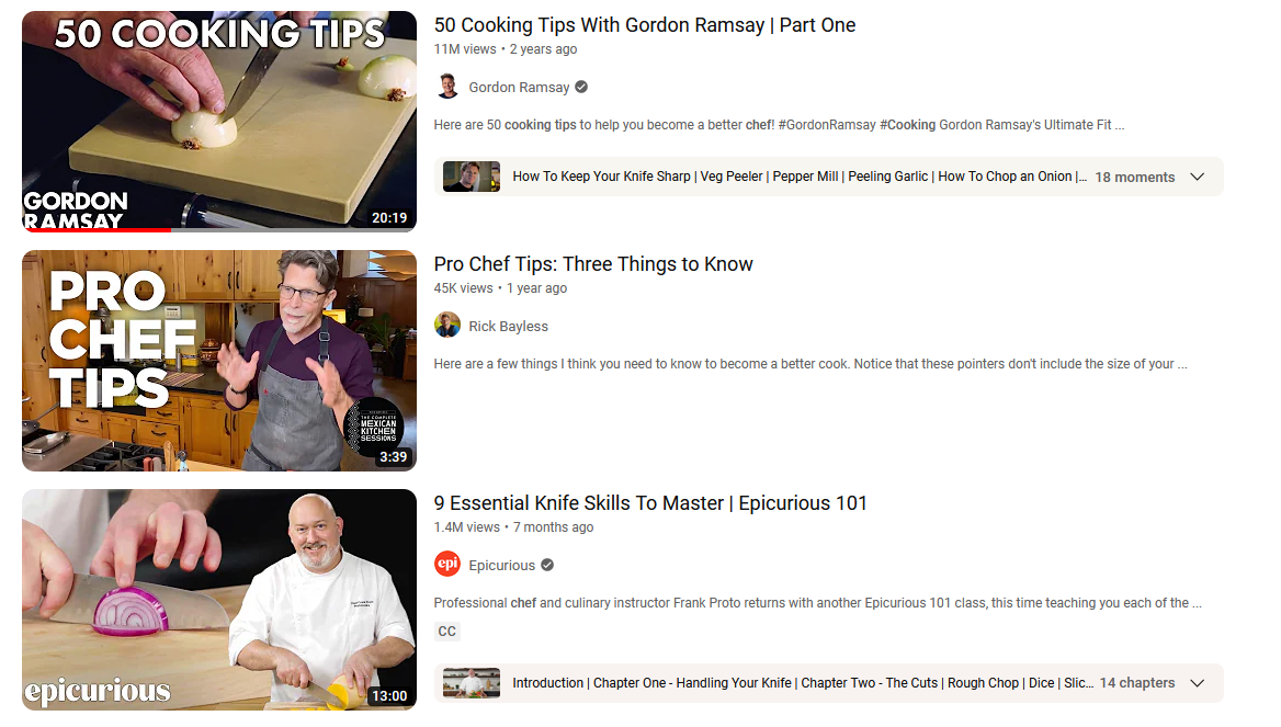 YouTube search results for "cooking tips"