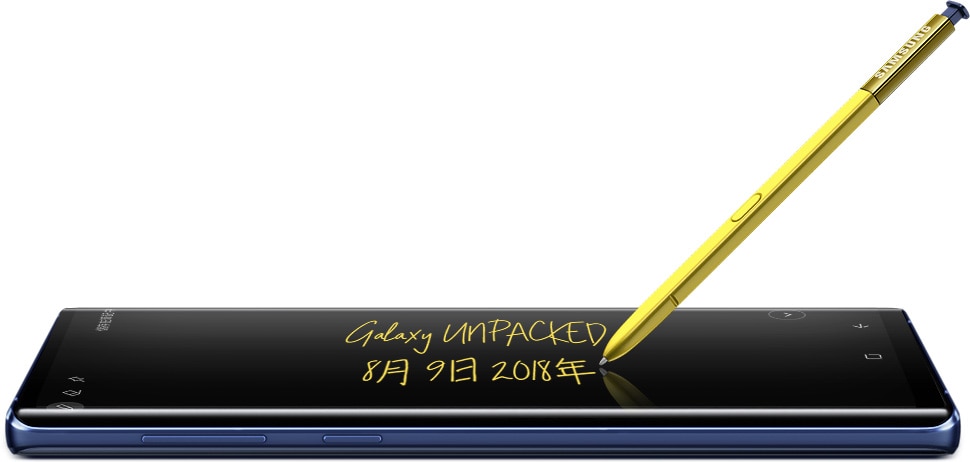 從左側觀看湛海藍Galaxy Note9，黃色S Pen寫出黃色筆畫