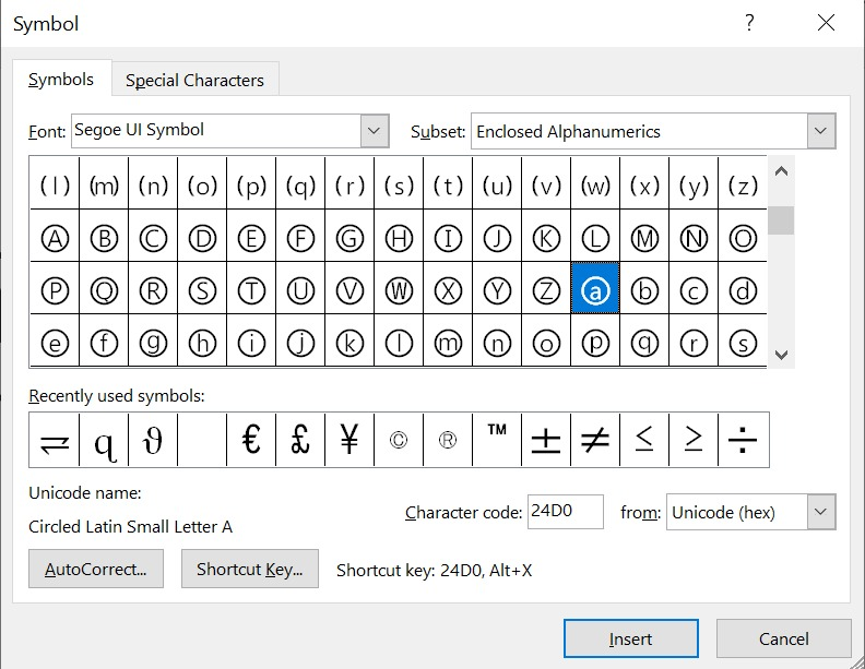 searching for circled a Symbols text using the character code