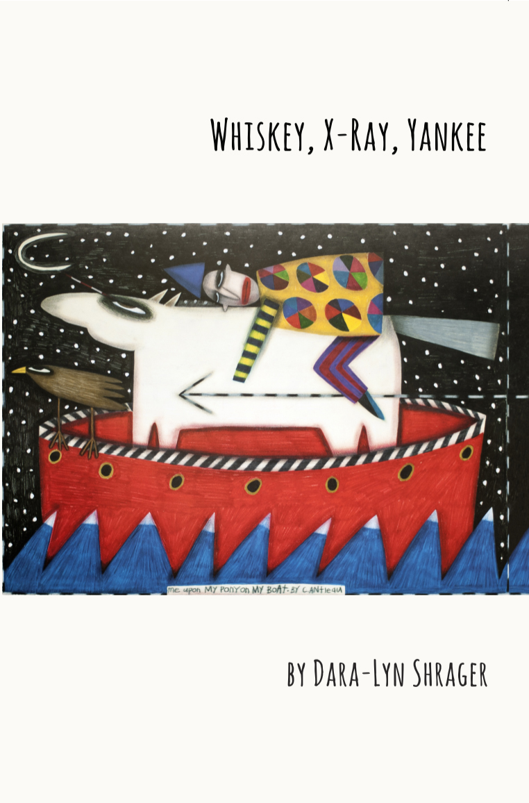 Cover of "Whiskey, X-Ray, Yankee" by Dara-Lyn Shrager: a drawing of a colorfully-dressed person lying astride a stout quadruped in a red tub with a crow perched on its side, floating in an ocean under a star-filled black sky.