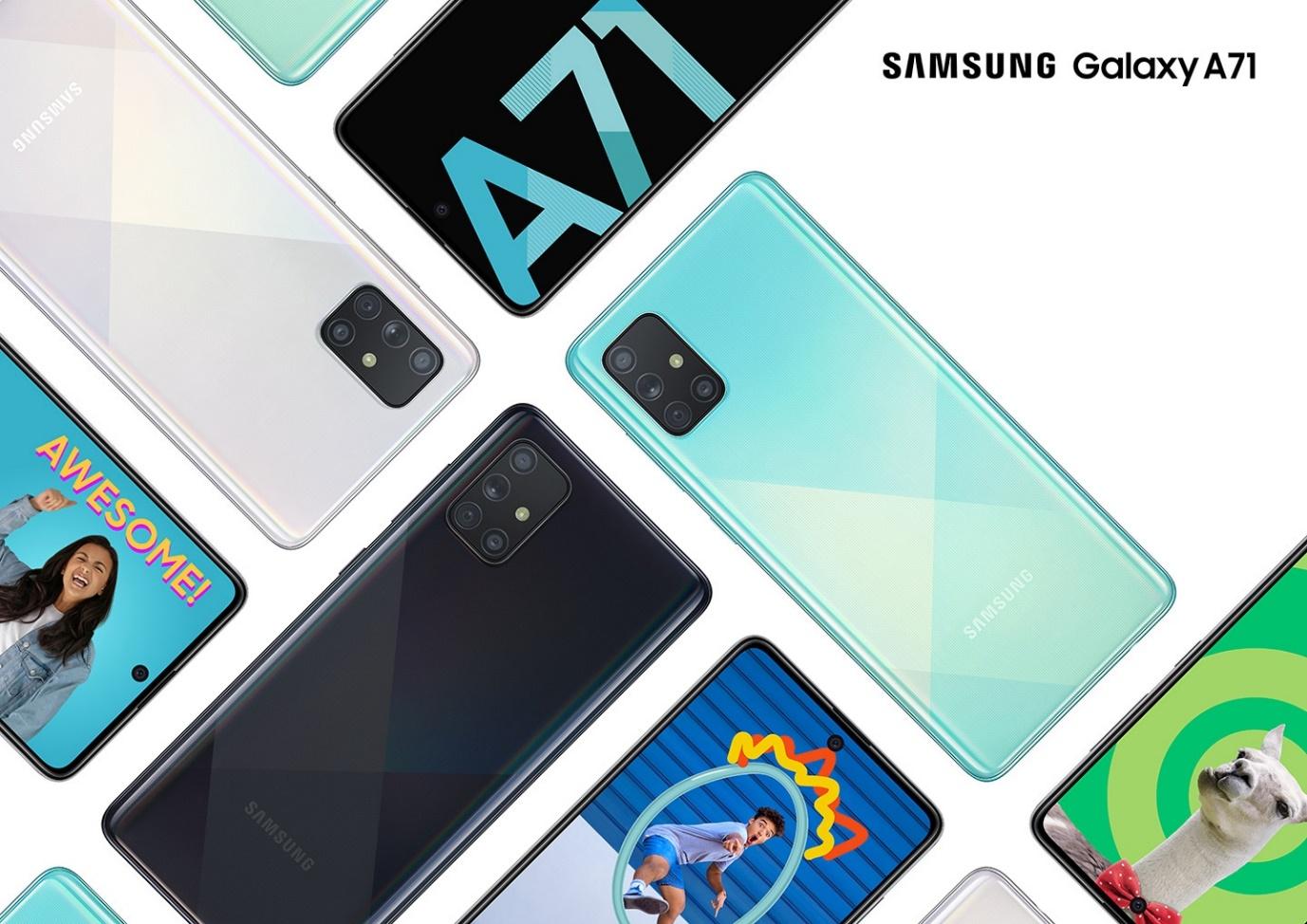 A71 menggunakan layar Super AMOLED Plus dengan ukuran 6,7 inci Infinity-O Display, ditenagai dengan dapur pacu chipset Snapdragon 730G dan didukung dengan 64 MP Quad Camera dengan macro lens