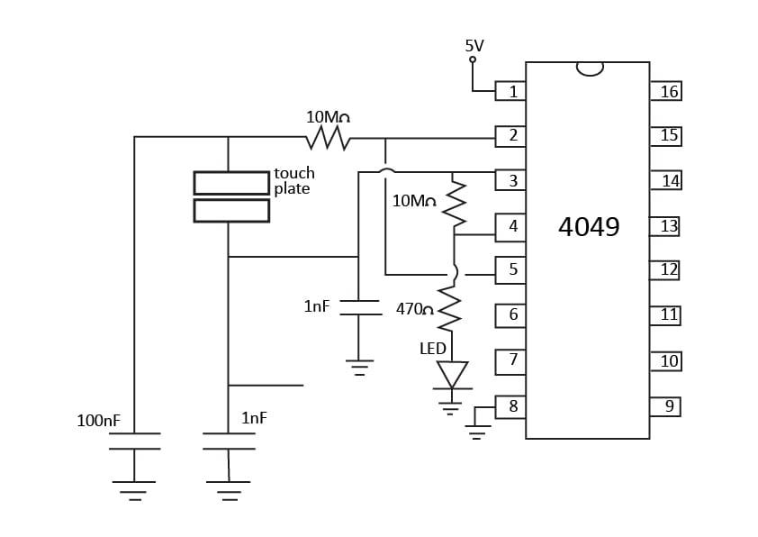 Circuit Diagram for constructing a Touch ON-OFF circuit using a CD4049 Inverter IC