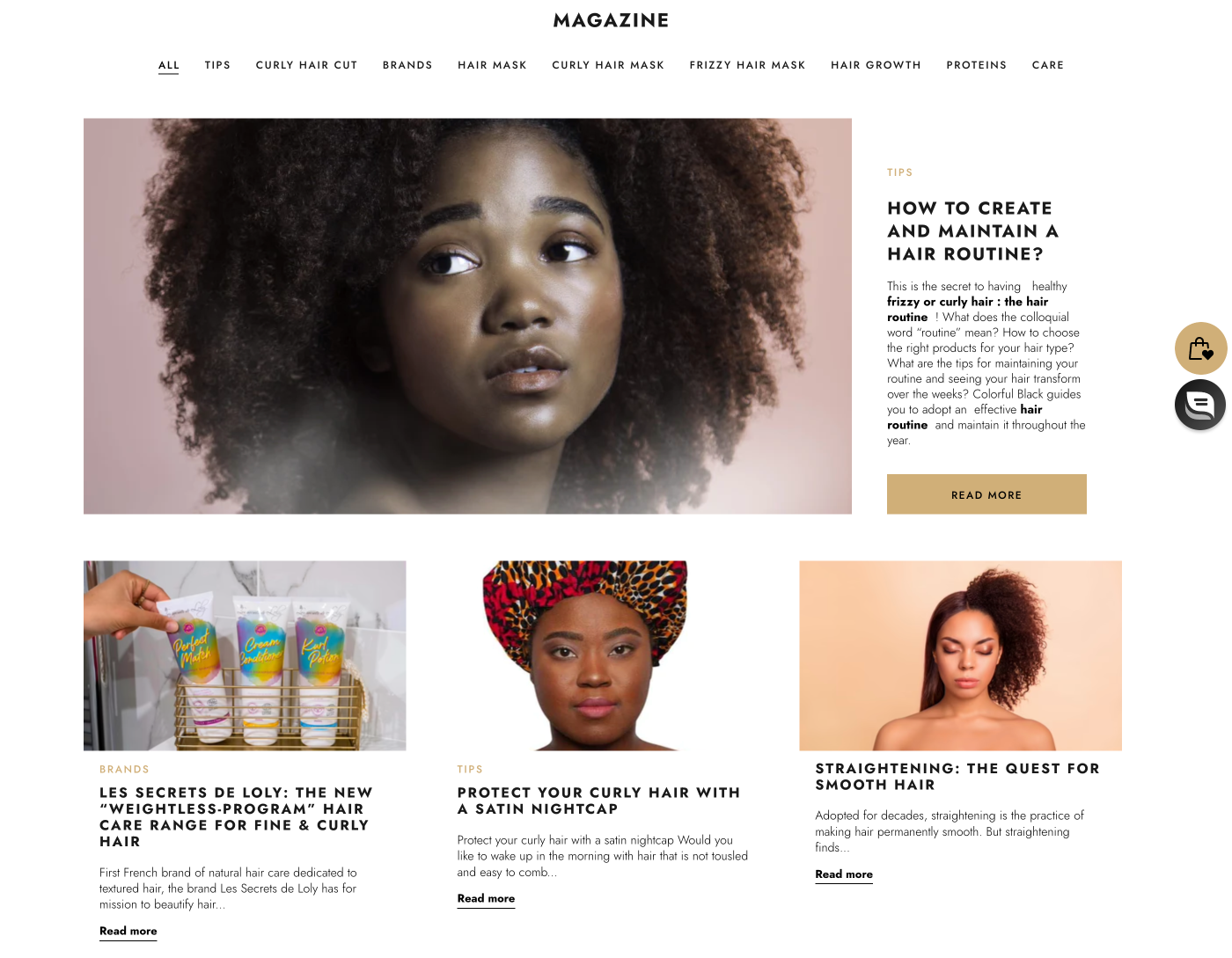 Mental Wellness Brands for World Mental Health Day–A screenshot of Colorful Black’s Magazine showing 4 different articles. They are, “How to Create and Maintain a Hair Routine?”, “Les Secrets de Loly: The New ‘Weightless-Program’ Hair Care Range For Fine and Curly Hair”, “Protect Your Curly Hair With a Satin Nightcap”, and “Straightening: The Quest For Smooth Hair.”