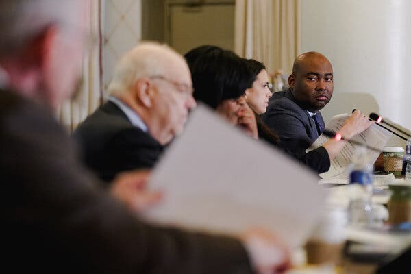 Jaime Harrison, the chairman of the Democratic National Committee, at the group’s meeting on Friday. A key party panel moved to adopt President Biden’s plan to overhaul the party’s presidential nominating process.