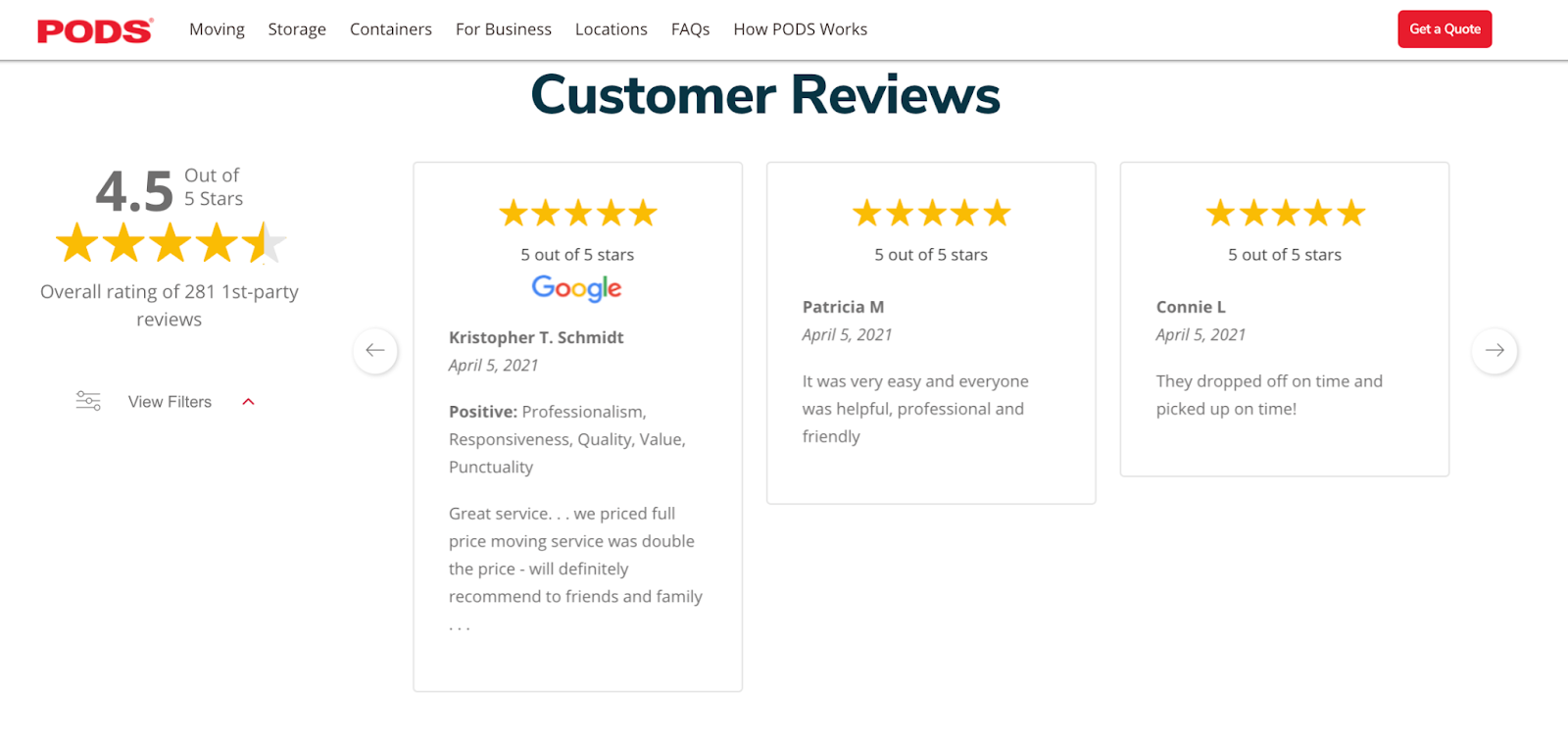 Screenshot of customer reviews Pods moving company