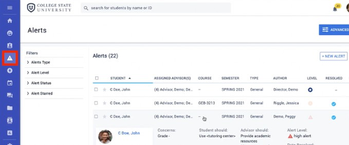 Alerts page in Advising (showing all viewable alerts)