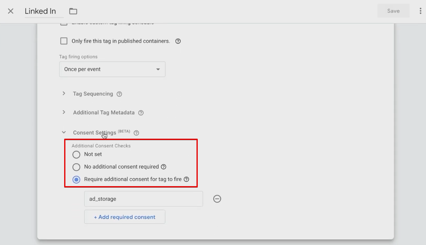 Modifying the additional consent settings for a LinkedIn Insight Tag in GTM