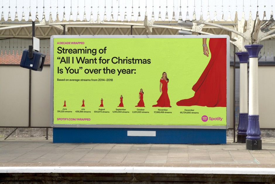 Spotify holiday marketing billboard featuring Mariah Carey streaming statistics