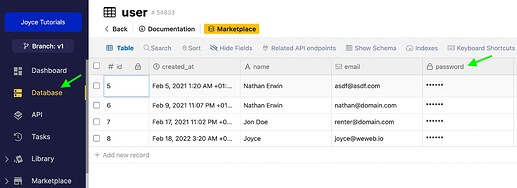 table with password field in xano