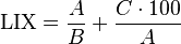 \text{LIX} = \frac{A}{B} + \frac{C \cdot 100}{A}