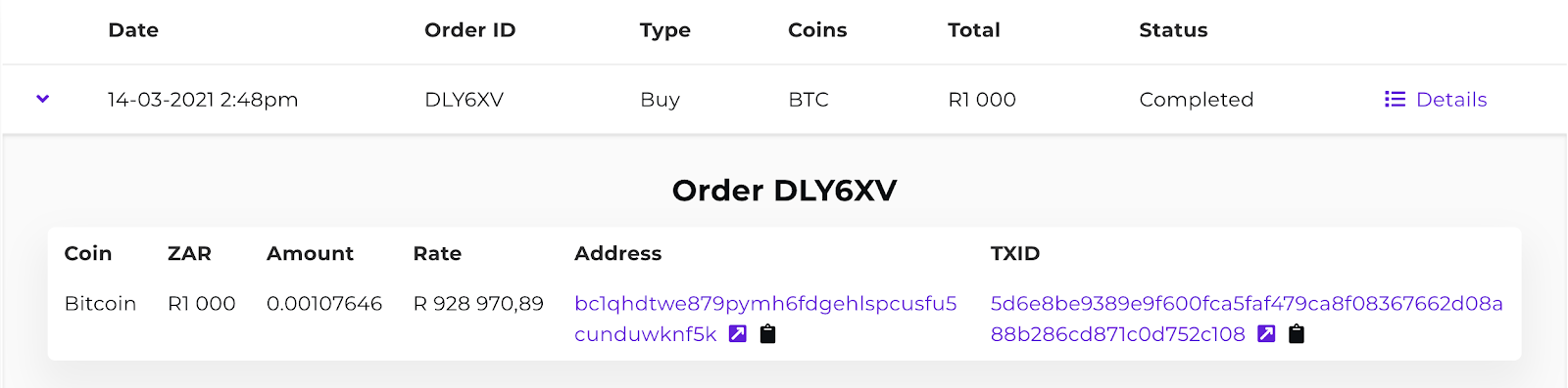 Screenshot of a Bitcoin purchase order from Easy Crypto.
