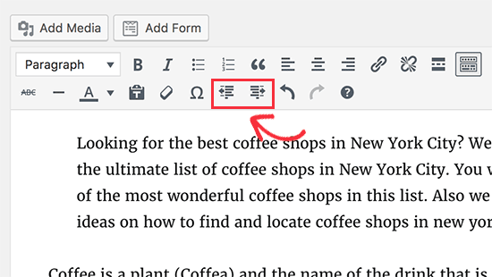 Aumente o recuo e diminua os botões de recuo no editor do WordPress