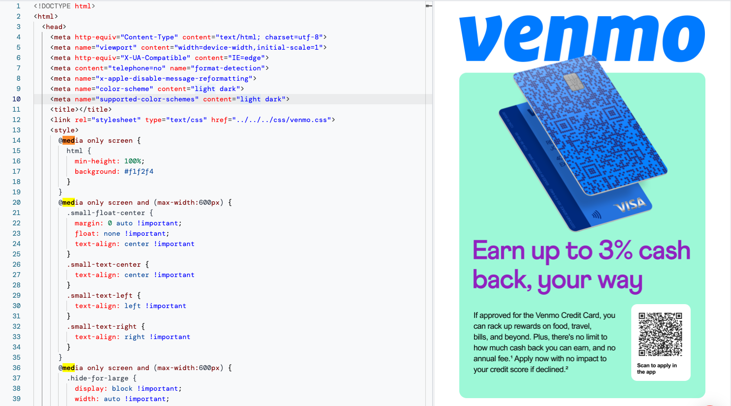 Example of media queries in an email from Venmo. Screenshot pulled from ReallyGoodEmails powered by Parcel.