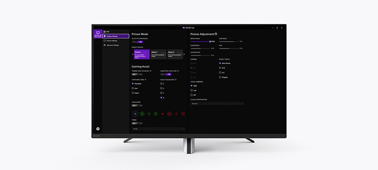 INZONE M9 on stand with screenshot of monitor settings menu using PC software