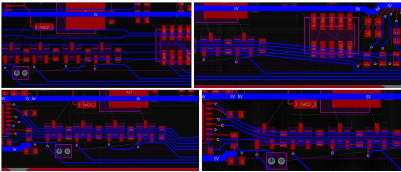 Sliding routed traces in a group. The upper-left picture presents quick and dirty routing, while the rest are examples of different options for arranging traces by sliding. 