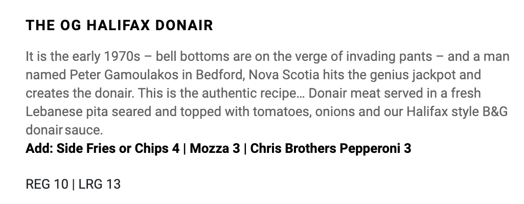 Menu description for Blower’s & Grafton's OG Halifax Donair dish