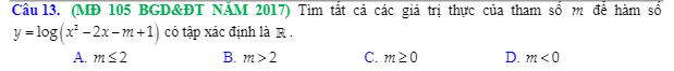 Ví dụ 2 dạng bài tập trắc nghiệm hàm số mũ và logarit liên quan đến tập xác định - đề bài
