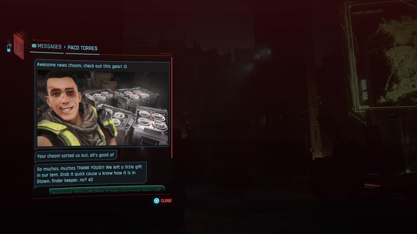 An in game screenshot of a text conversation with Paco Torres in the game Cyberpunk. 